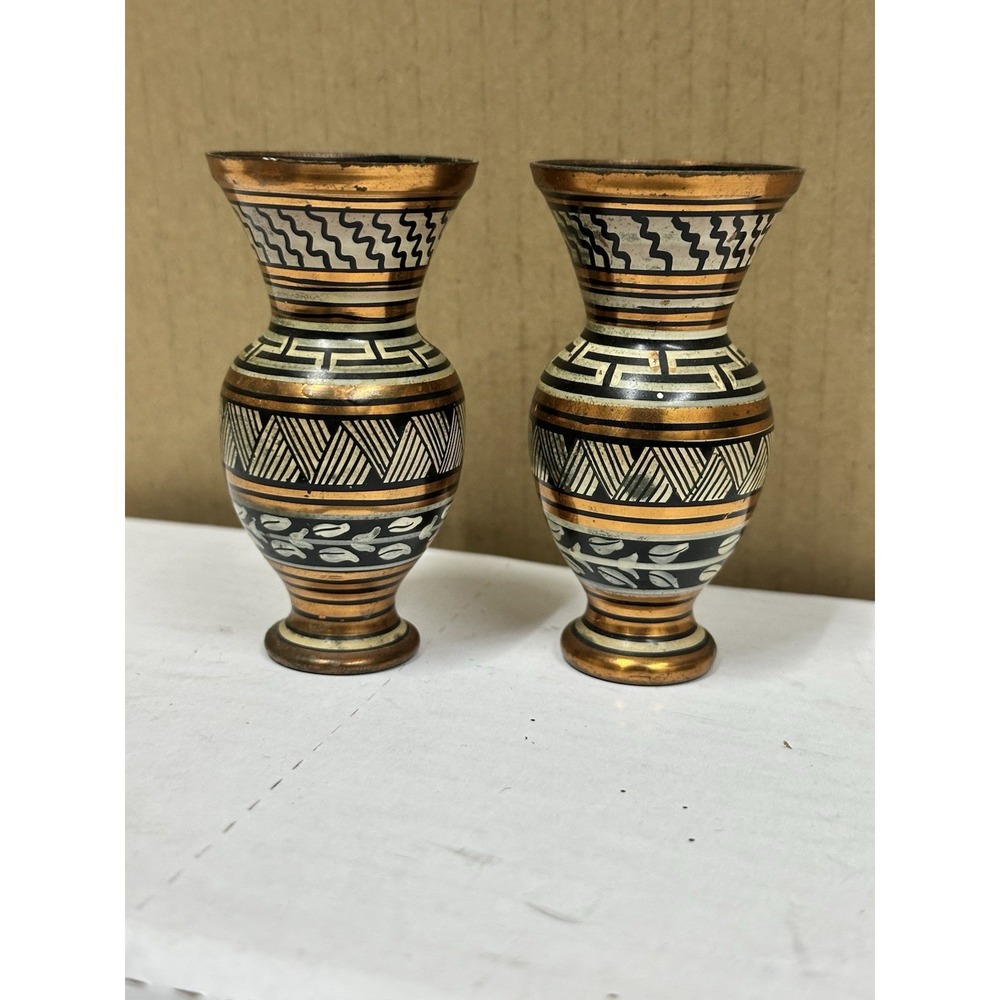 Copper Vase From Greece Beautiful Pattern‎ Aztec Flowers Rare Collectible 3.0 In
